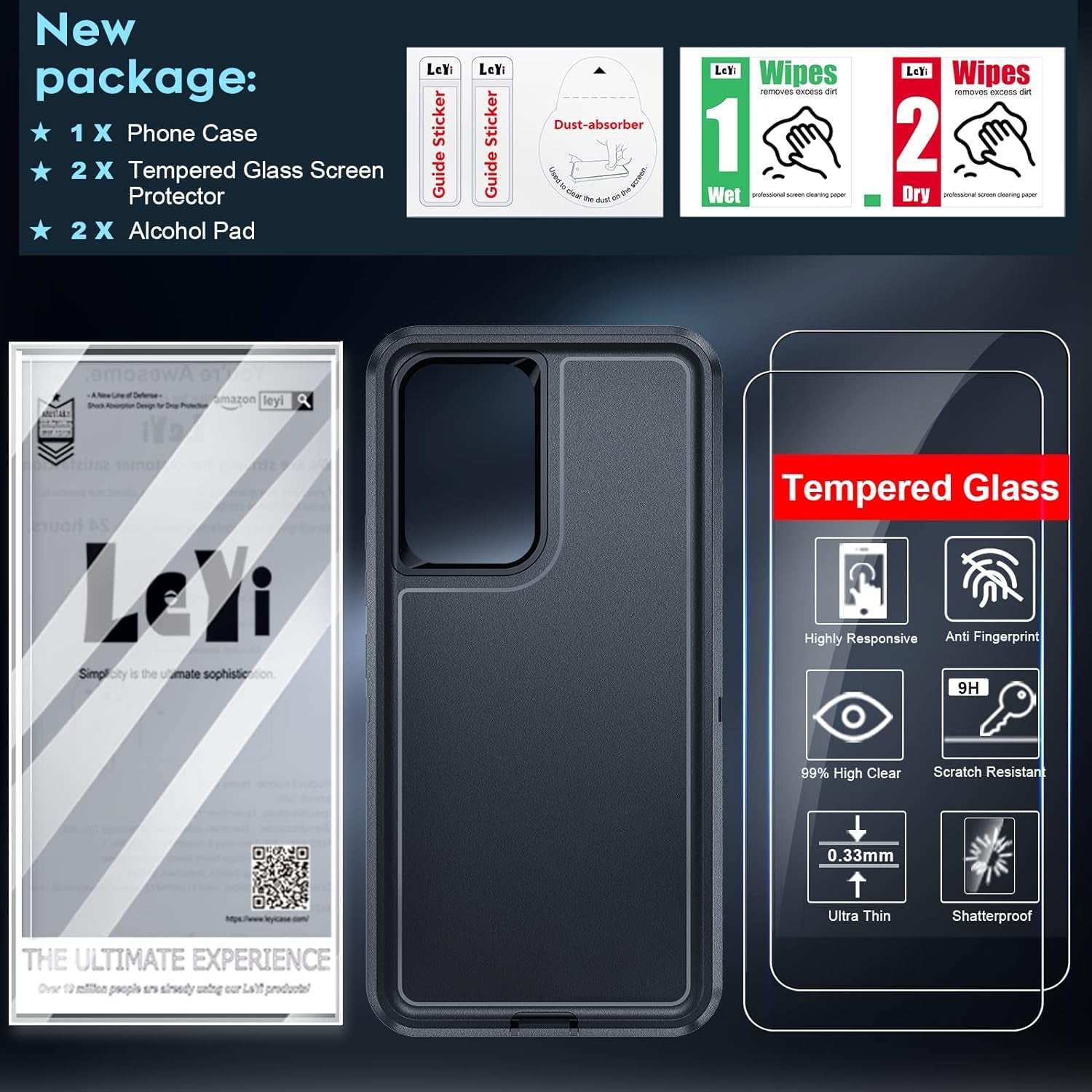 Leyi for Galaxy A53 5G Case: 3-In-1 Rugged Defender Protection with 2 Tempered Glass Screen Protectors, Shockproof & Dustproof - Black  LeYi   