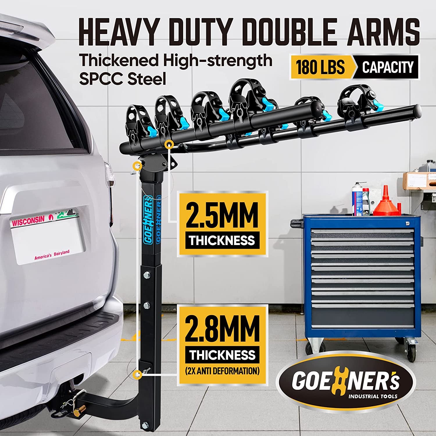 4 Bike Rack Hitch Mount(180 Lbs Capacity), Bike Hitch Hanging Rack and Carrier for Car, SUV and Truck with 2” Receiver, High Strength Double Arms, Anti-Rattle System  GOEHNER's   