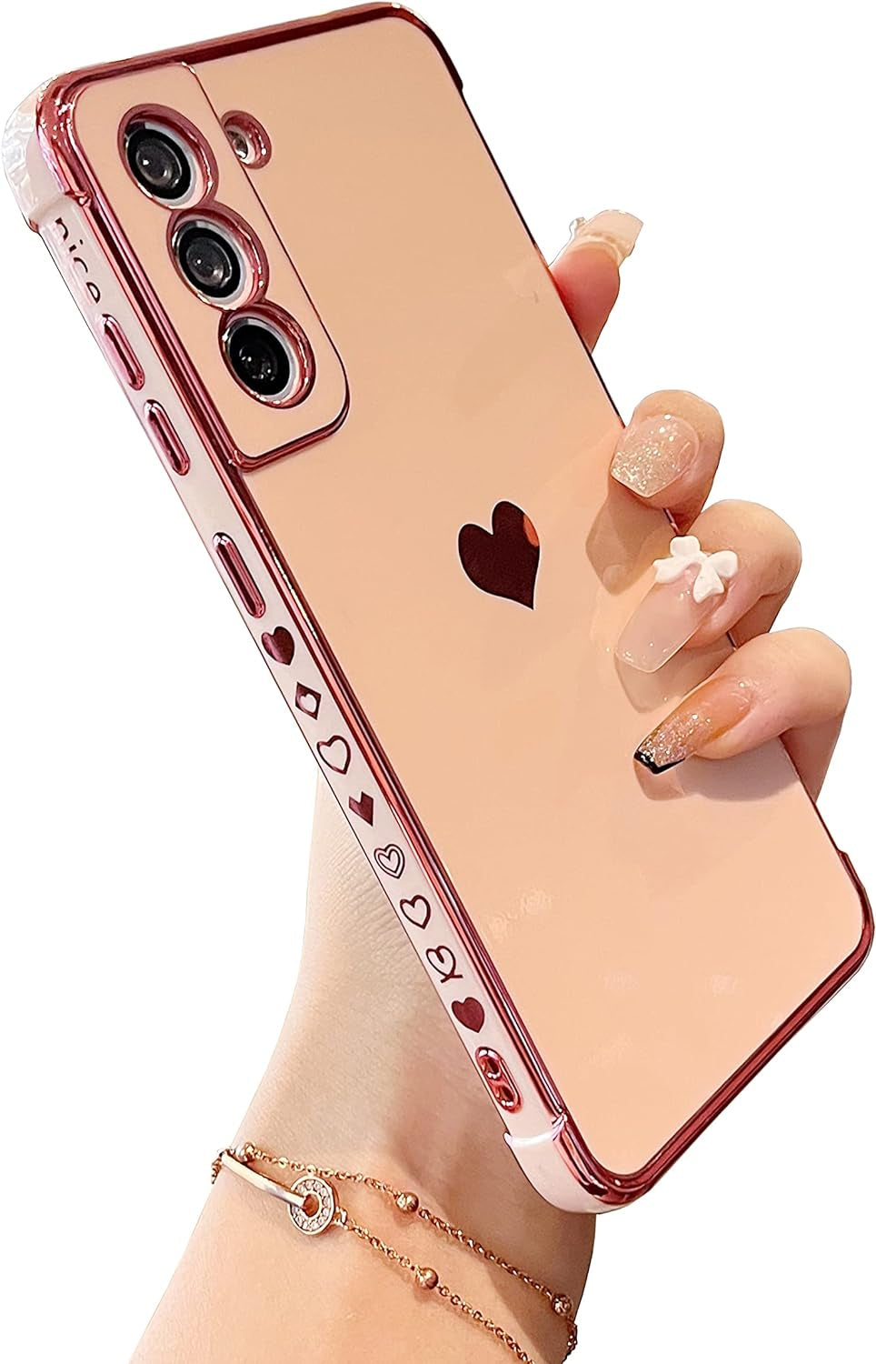 DEFBSC Compatible with Samsung Galaxy S22 plus Case, Electroplated Edge Love Heart Case with Wrist Strap, Full Camera Protection Raised Reinforced Corners Shockproof Soft TPU Cover, White  DEFBSC Pink Samsung Galaxy S22 Plus 