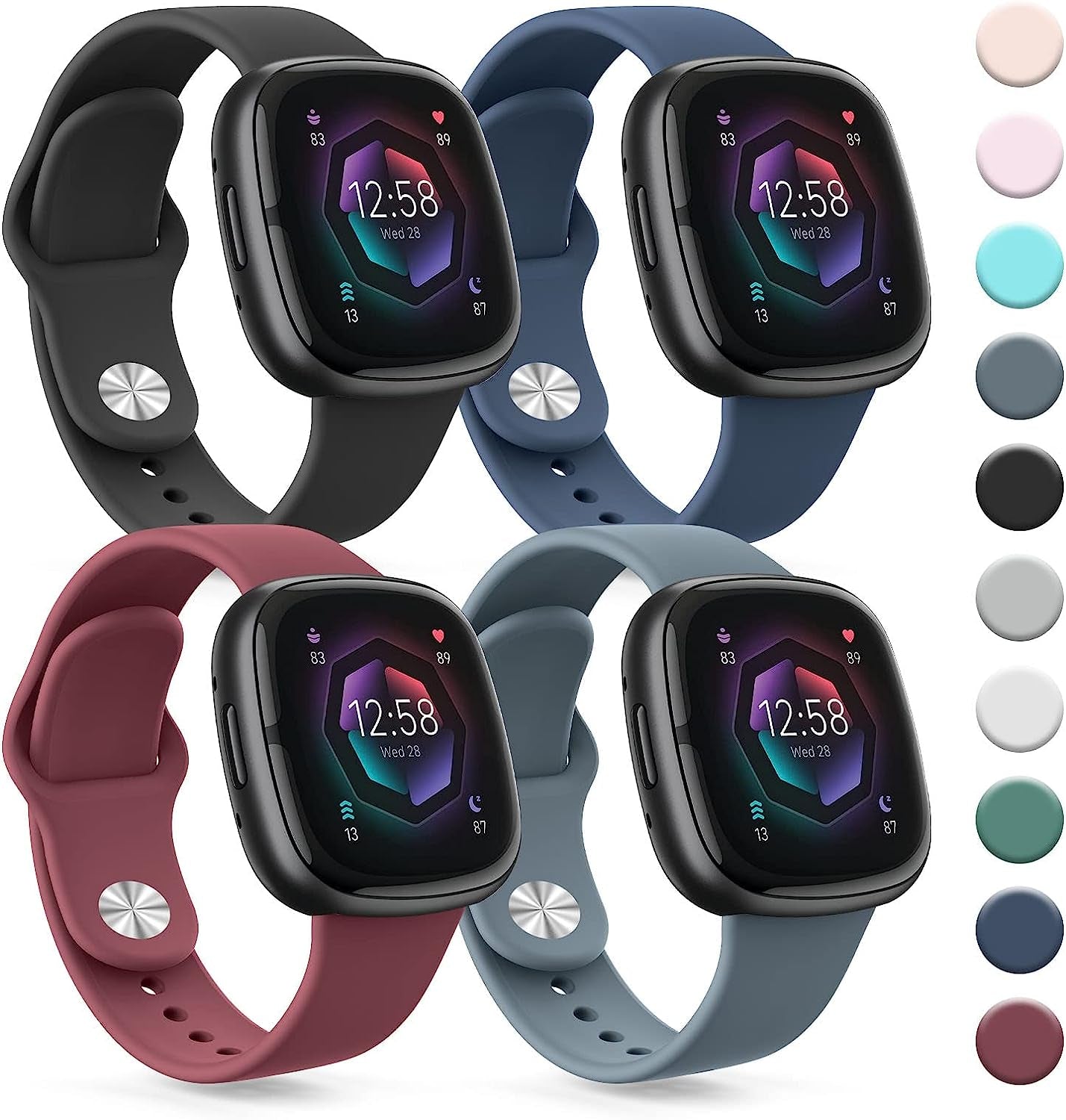 4 PACK Silicone Bands Compatible with Fitbit Versa 4 / Versa 3 Bands/Fitbit Sense 2 / Sense Bands Women Men, Soft Replacement Straps for Fitbit Versa 4 / Versa 3 / Sense 2 / Sense Smart Watch  AK Black/Navy Blue/Wine Red/Blue Gray  