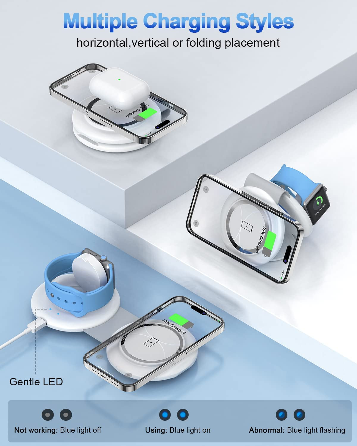RTOPS Wireless Charger, 2 in 1 Magnetic Wireless Charging Station, Foldable Travel Charger Multiple Devices Compitable for Iphone 14/13/12/Pro/Max, Iwatch, Airpods(Adapter Includes)  DongGuanShi WeizhiChuang Technology Co., Ltd   