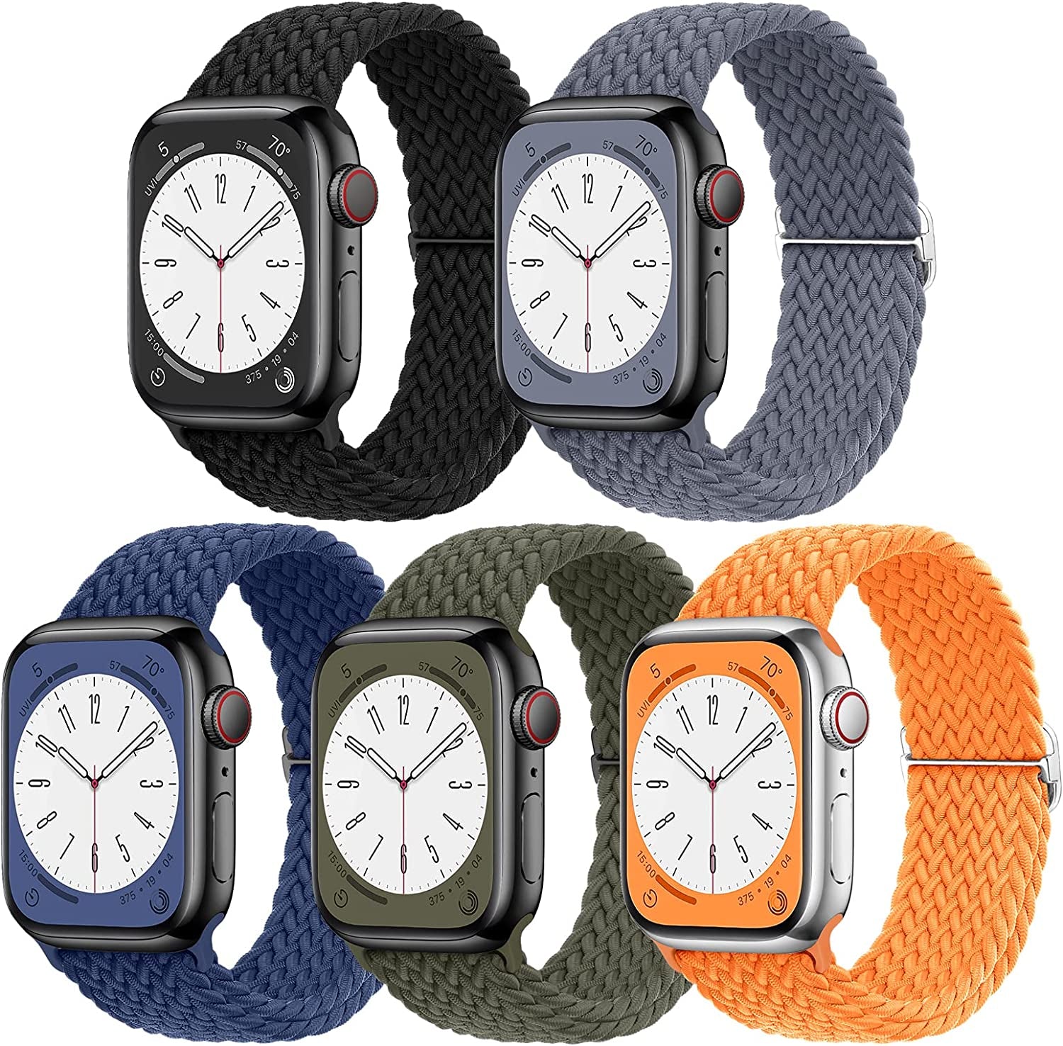 EOMTAM 5 Pack Braided Stretchy Straps Compatible for Apple Watch Band 49Mm 45Mm 44Mm 42Mm 38Mm 40Mm 41Mm Men Women ,Sport Elastic Nylon Cloth Adjustable Wristbands for Iwatch Series Ultra 8 SE 7 6 5 4 3  EOMTAM Olive/Orange/ Navy/Blue Gray/Black 41MM/40MM/38MM 
