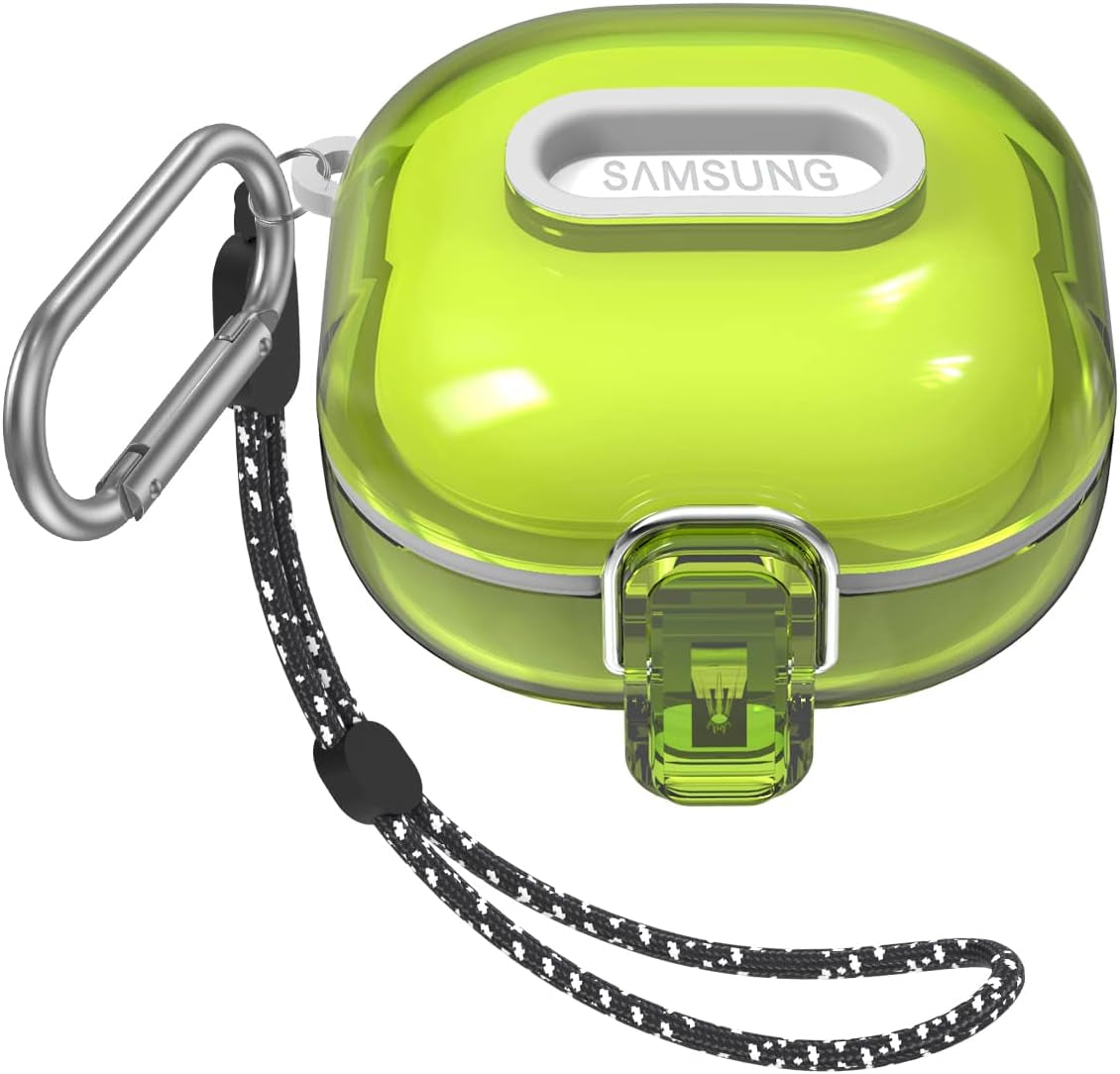 [Upgrade Lock] Case for Samsung Galaxy Buds 2 Pro/Galaxy Buds 2/Galaxy Buds Pro/Galaxy Buds Live, Shock-Absorbing Protective Armor Cover TPU Hard Shell with Carabiner & Lanyard,Clear  VAEKNVG Clear Yellow  