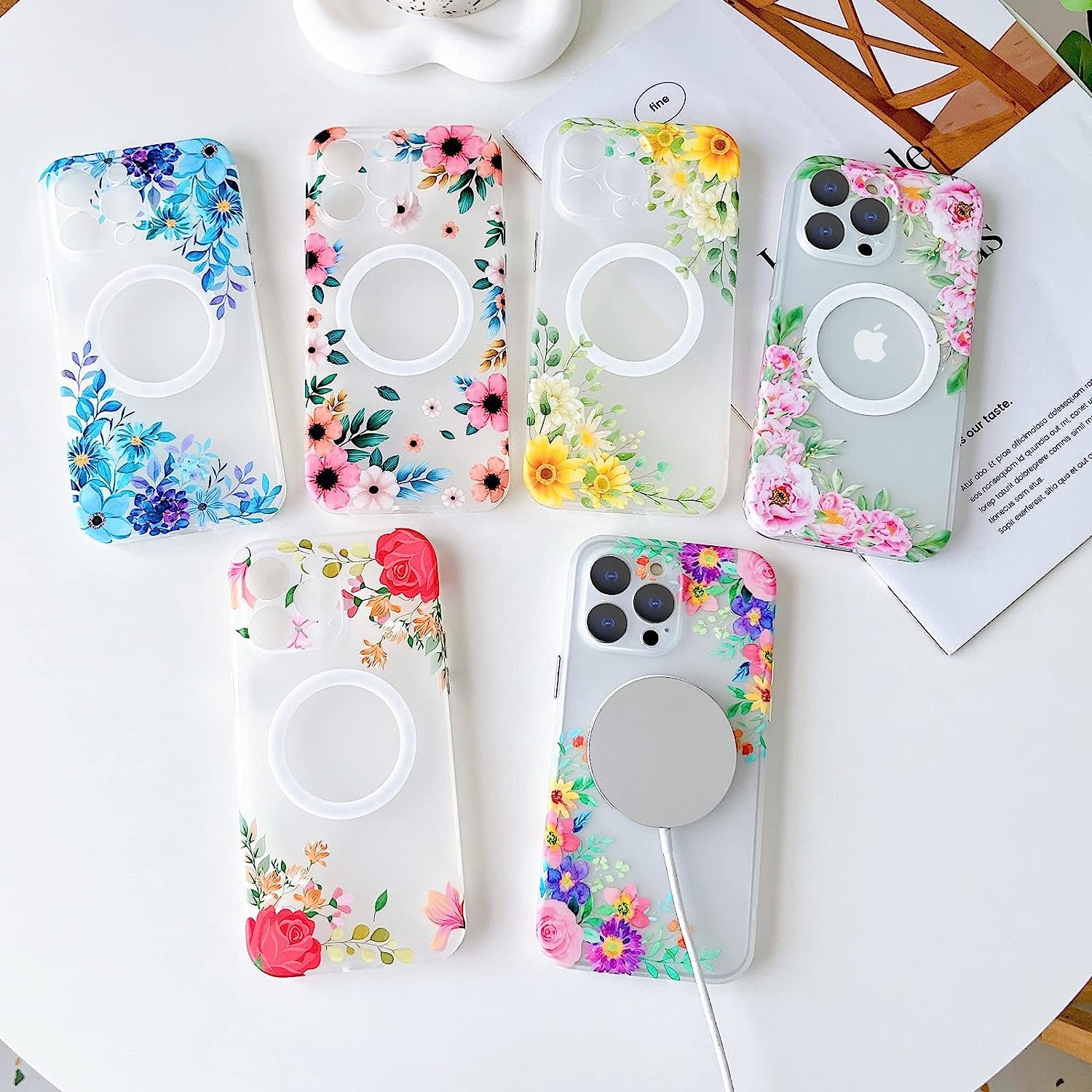 Yeddabox for Iphone 14 Pro Max Case Compatible with Magsafe, Floral Print Magnetic Translucent Matte Lens Camera Protection Flower Phone Case for Iphone 14 Pro Max for Women Girls - Pink  Yeddabox   