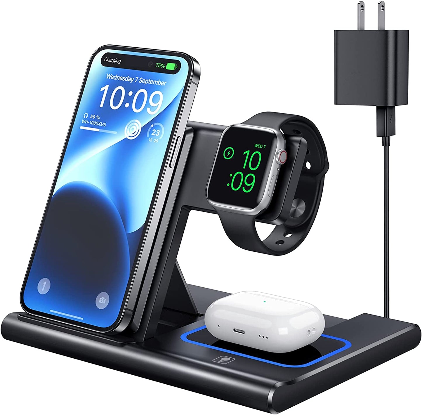 𝟐𝟎𝟐𝟑 𝐍𝐞𝐰 Wireless Charging Station, 3 in 1 Wireless Charger for Multiple Devices Apple for Iphone 14 13 12 Pro & Max Series, Apple Watch 3-8/Ultra, Airpods Pro/3, Samsung Phones, Galaxy Earbuds  Figollty   