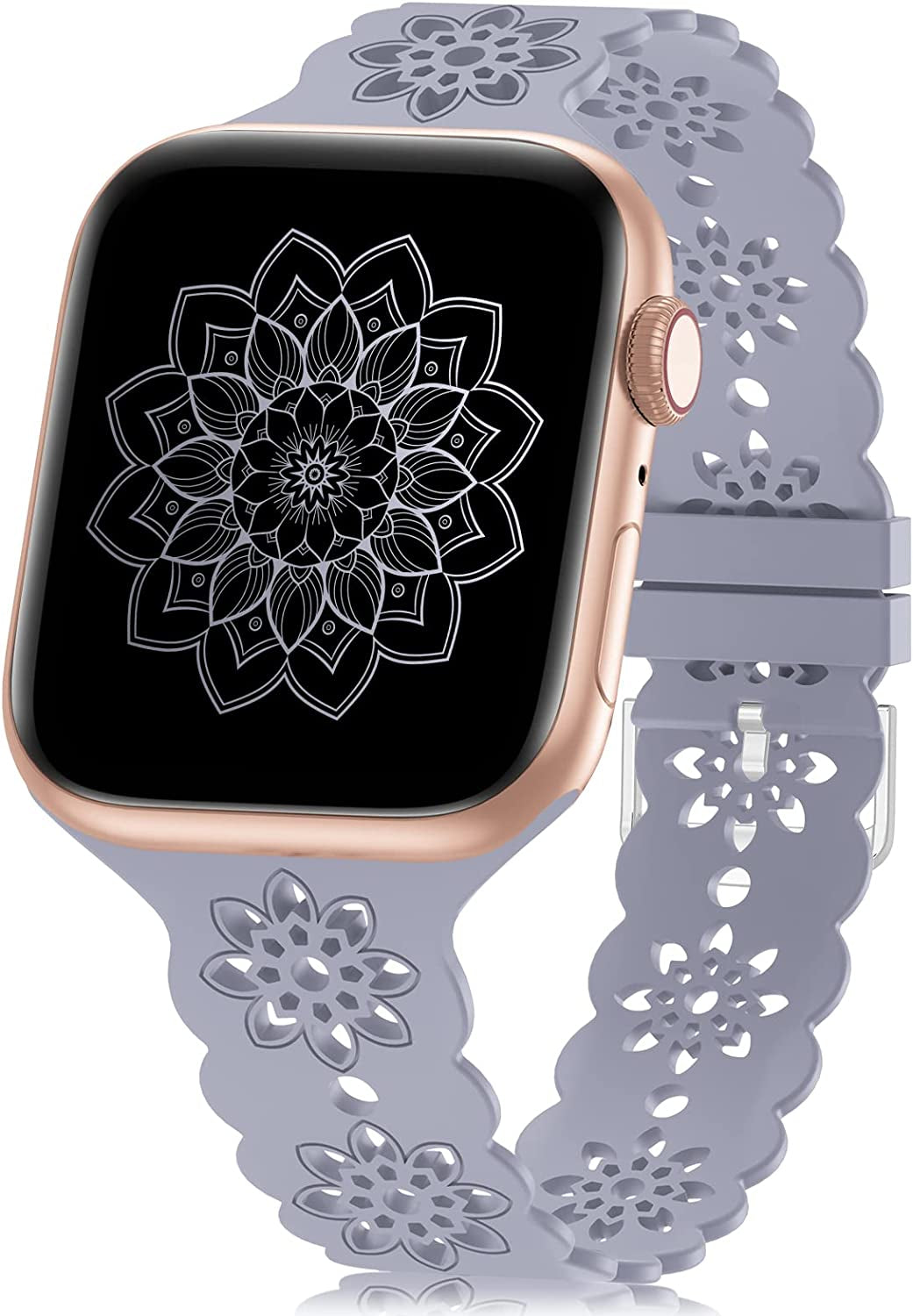 Floral Silicone Band Compatible with Apple Watch Bands 38Mm 40Mm 42Mm 44Mm 41Mm 45Mm 49Mm Women Men, Slim Hollow-Out Design Wristbands Soft Sport Breathable Watch Bands for Iwatch Ultra SE Series 8/7/6/5/4/3/2/1  Wewatri Lavender Gray 38mm/40mm/41mm 