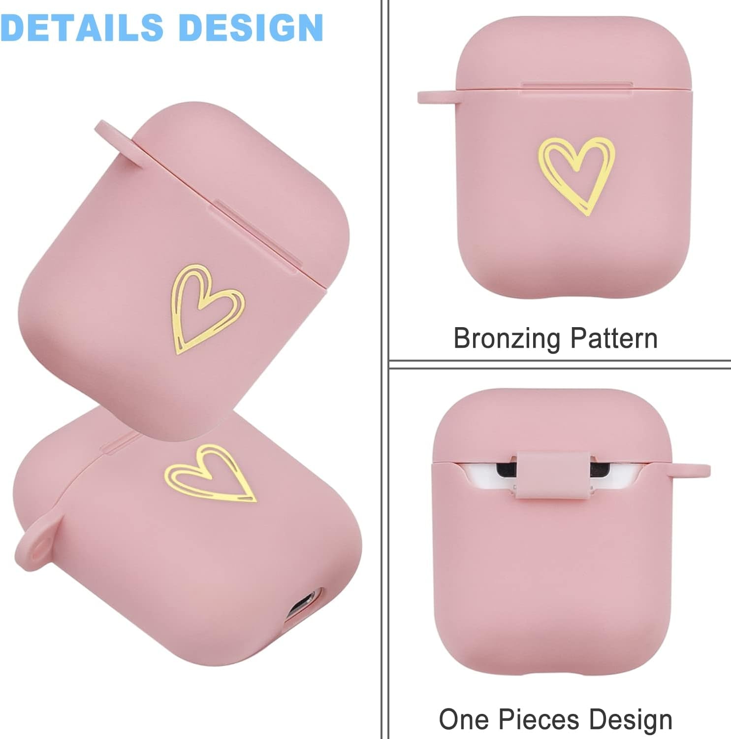 Wonjury Airpods Case Cute Soft TPU Gold Heart Pattern with Keychain Shockproof Cover Case for Girls Woman Apple Airpods 2 &1 - Pink  Wonjury   