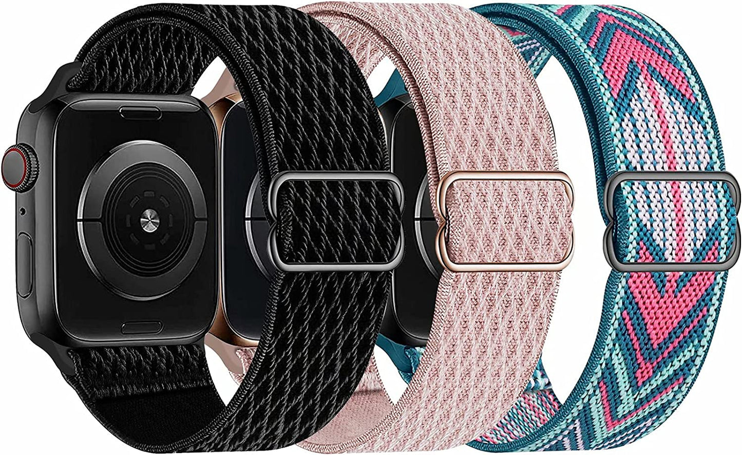 Swhatty Stretchy Nylon Solo Loop Bands Compatible with Apple Watch 41Mm 40Mm 38Mm, Adjustable Braided Sport Elastics Women Men Strap for Iwatch Series 8 7 6 5 4 3 2 1 SE (Black, Rose Pink, Cream)  Swhatty Black/Rose Pink/Green Arrow 38mm/40mm/41mm 