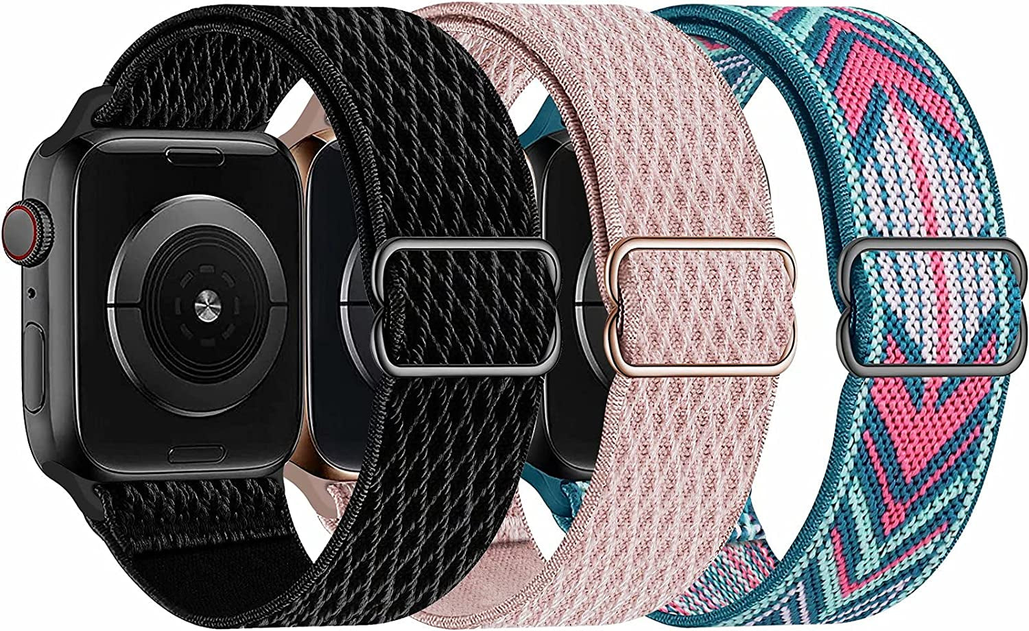 Swhatty Stretchy Nylon Solo Loop Bands Compatible with Apple Watch 41Mm 40Mm 38Mm, Adjustable Braided Sport Elastics Women Men Strap for Iwatch Series 8 7 6 5 4 3 2 1 SE (Black, Rose Pink, Cream)  Swhatty Black/Rose Pink/Green Arrow 38mm/40mm/41mm 