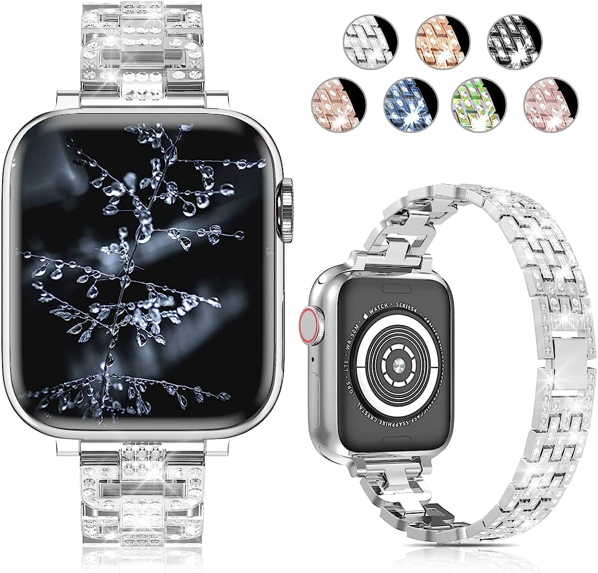 SIBOLOO for Apple Watch Band 45Mm 44Mm 42Mm 41Mm 40Mm 38Mm Series 7 Series 6 5 4 3 2 1 SE, Diamond Rhinestone Stainless Steel Iwatch Band, Bling Replacement Bracelet Metal Wristband Strap  SIBOLOO   