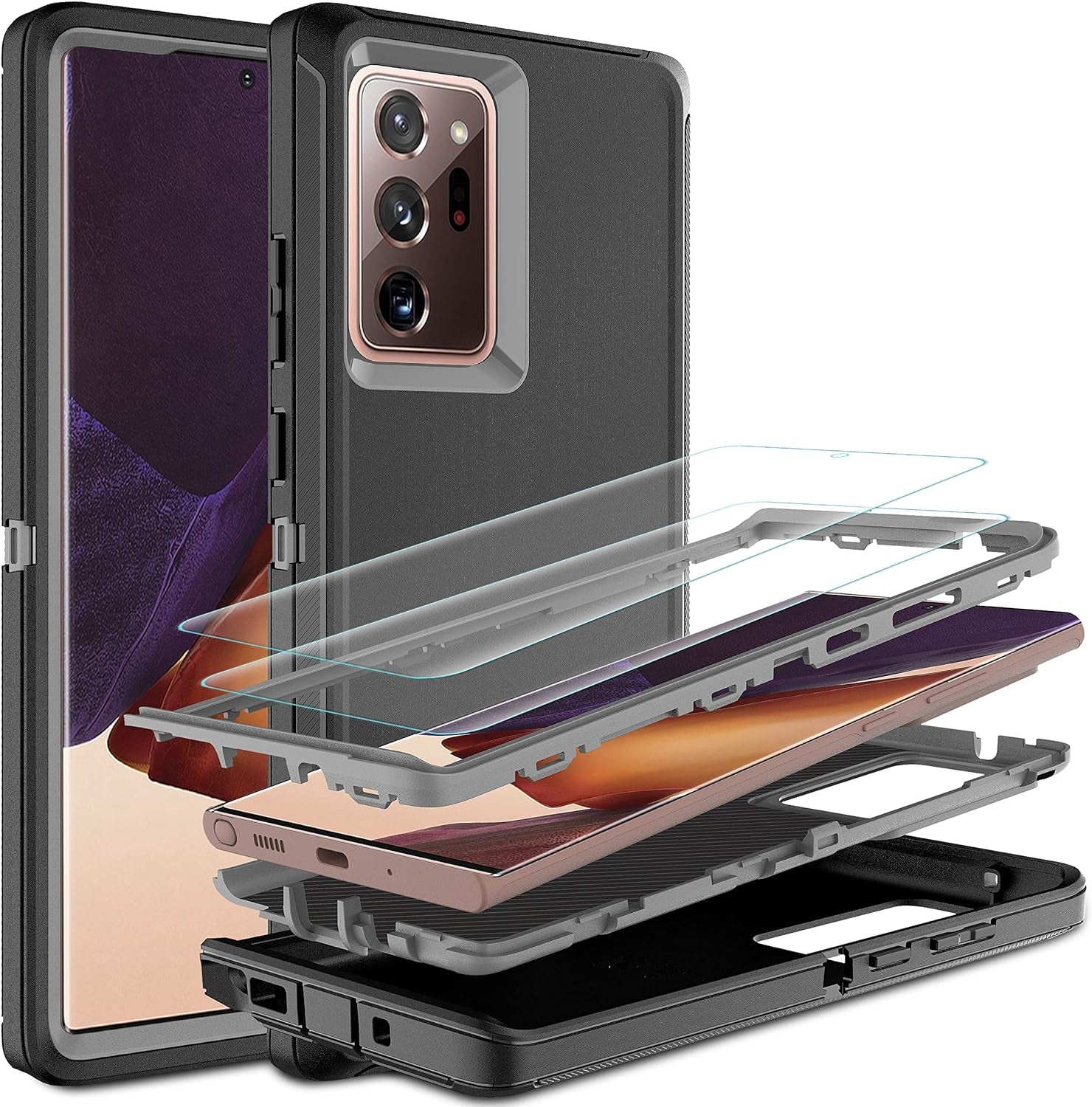 HONG-AMY for Note 20 Ultra Case, Galaxy Note 20 Ultra Case with Self Healing Flexible TPU Screen Protector [2 Pack], 3 in 1 Heavy Duty Protection Case for Samsung Note 20 Ultra 5G(Black/Grey)  HONG-AMY   