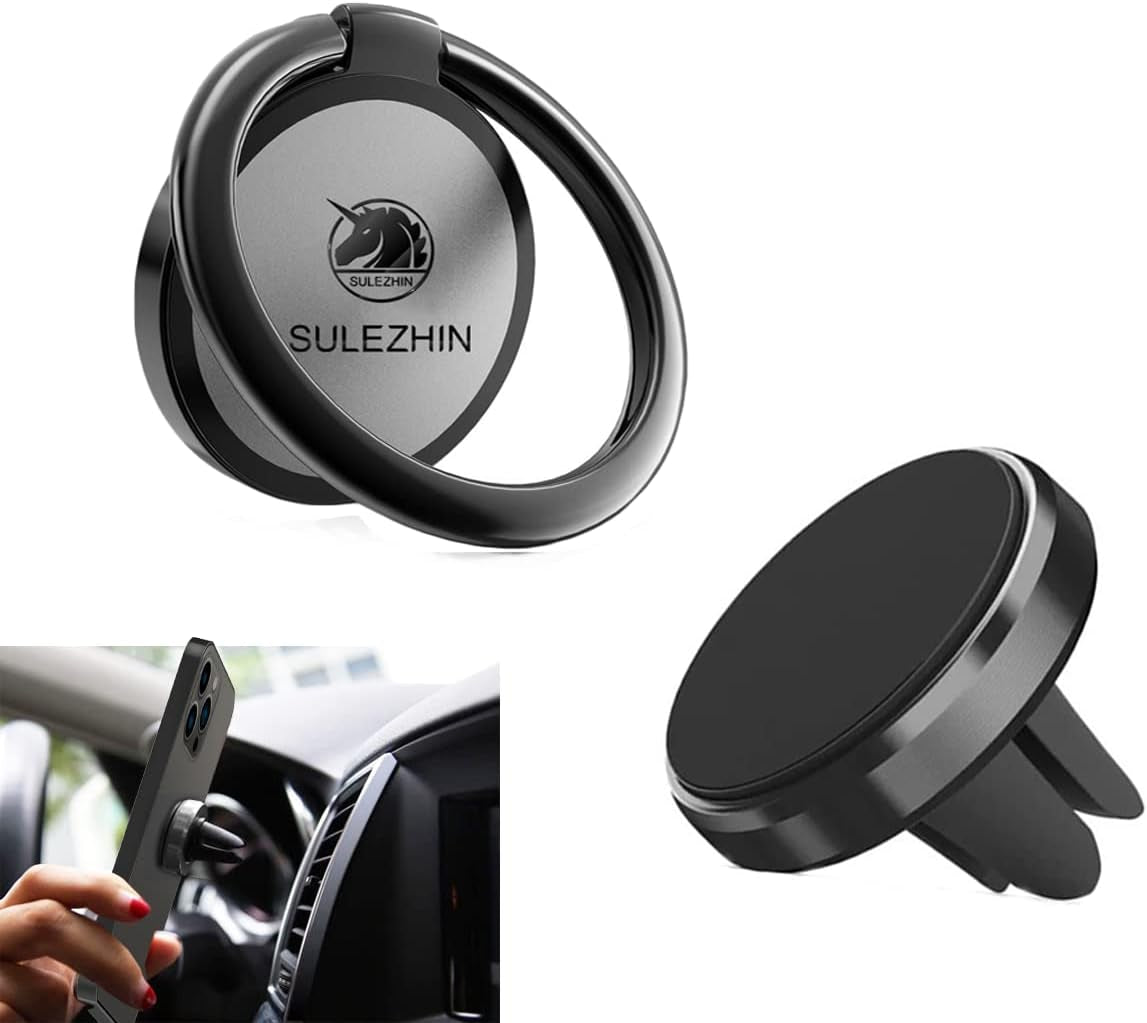 Phone Ring Holder Stand Finger Kickstand 360° Rotation Metal Ring Grip with Magnetic Phone Car Mount Holder Set Compatible with Iphone, Samsung, LG, Sony, HTC ETC (Rose Gold)  sulezhin black  