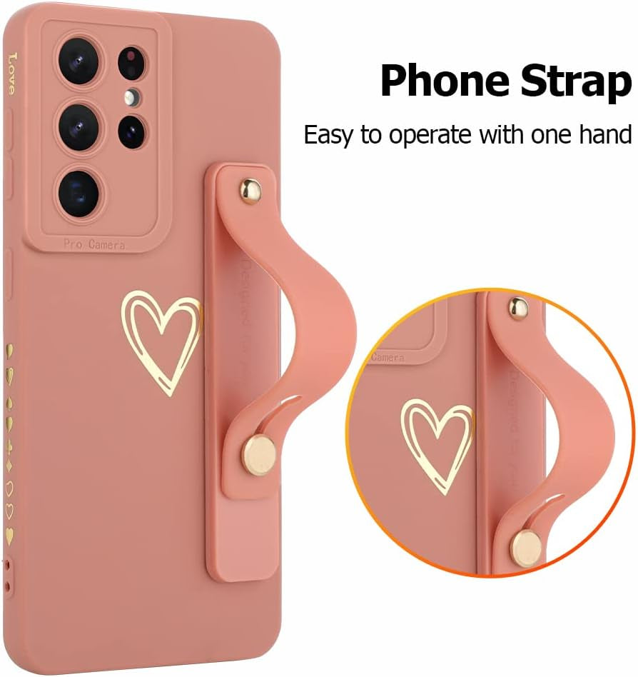 Fiyart Designed for Samsung Galaxy S21 Ultra Case with Phone Stand Holder Cute Love Hearts Protective Camera Protection Cover with Wrist Strap for Women Girls for Galaxy S21 Ultra 6.8"-Pink  Fiyart   