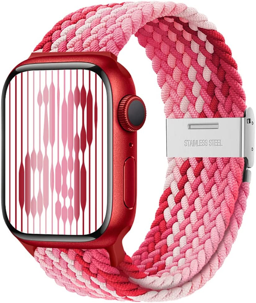 Qimela Compatible with Apple Watch Band 49Mm 45Mm 44Mm 42Mm,Stretchy Sport Solo Loop Strap with Adjustable Buckle,Elastic Nylon Braided Wristband for Iwatch Series 8 7 6 SE 5 4 3 2 1 Ultra,Women Men  FS-TECH Gradient Red 38mm/40mm/41mm 