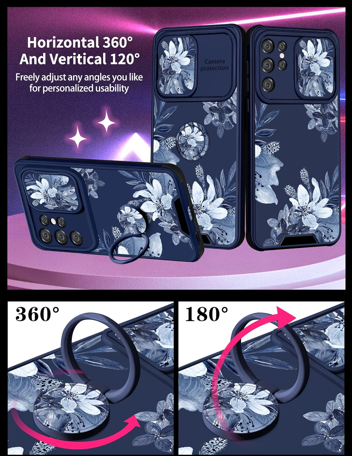 Goocrux for Samsung Galaxy S21 Ultra Case Floral Flowers for Women Girls Cute Girly Phone Cover Blue Flower Plants Design with Slide Camera Cover and Ring Holder Fashion Cases for S21 Ultra 6.8''  Goocrux   