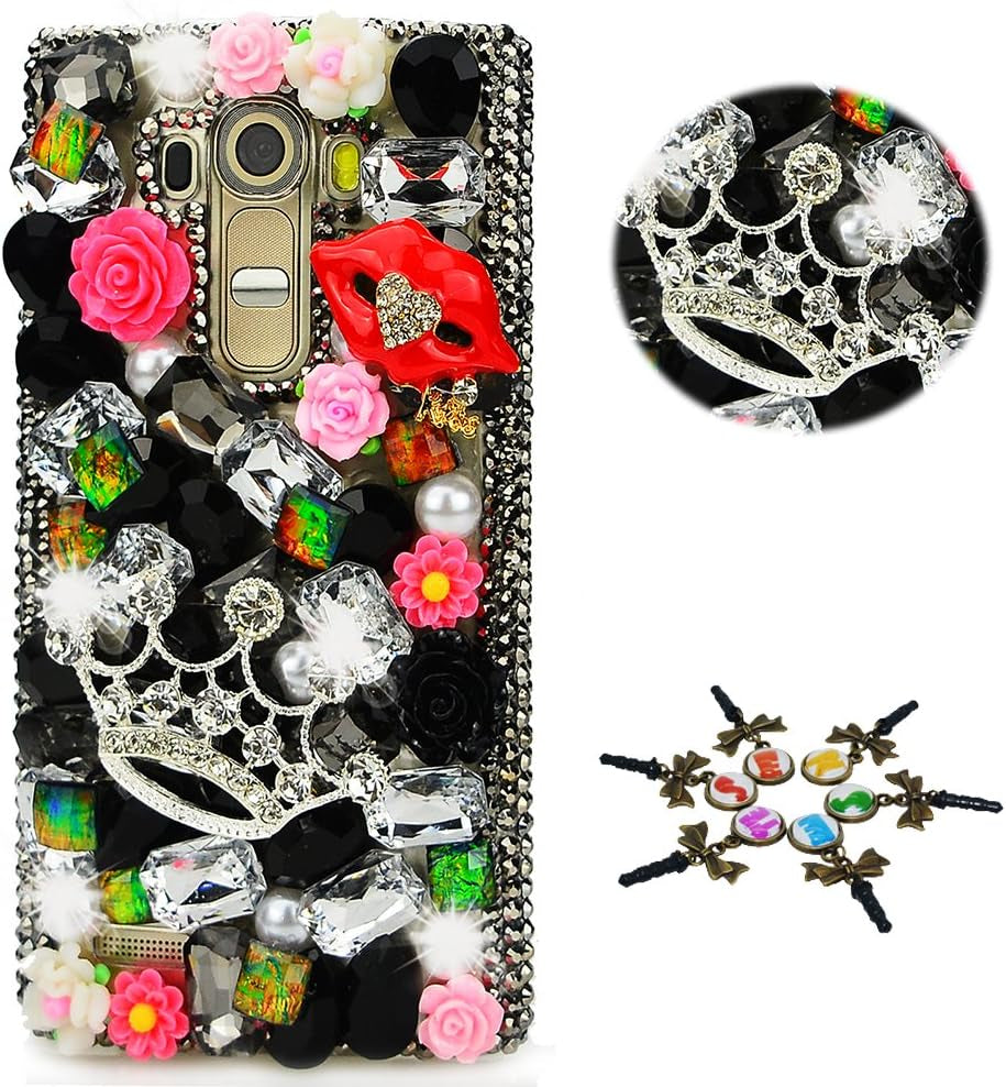 STENES LG G7 Case, LG G7 Thinq Case - STYLISH - 100+ Bling Crystal - 3D Handmade Bling Big Crown Sexy Lips Rose Flowers Design Protective Cover Case for LG G7 Thinq - Black  STENES   