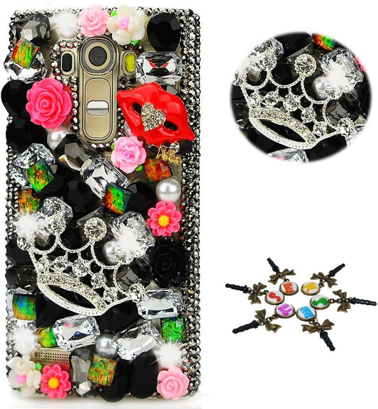 STENES LG G7 Case, LG G7 Thinq Case - STYLISH - 100+ Bling Crystal - 3D Handmade Bling Big Crown Sexy Lips Rose Flowers Design Protective Cover Case for LG G7 Thinq - Black  STENES   