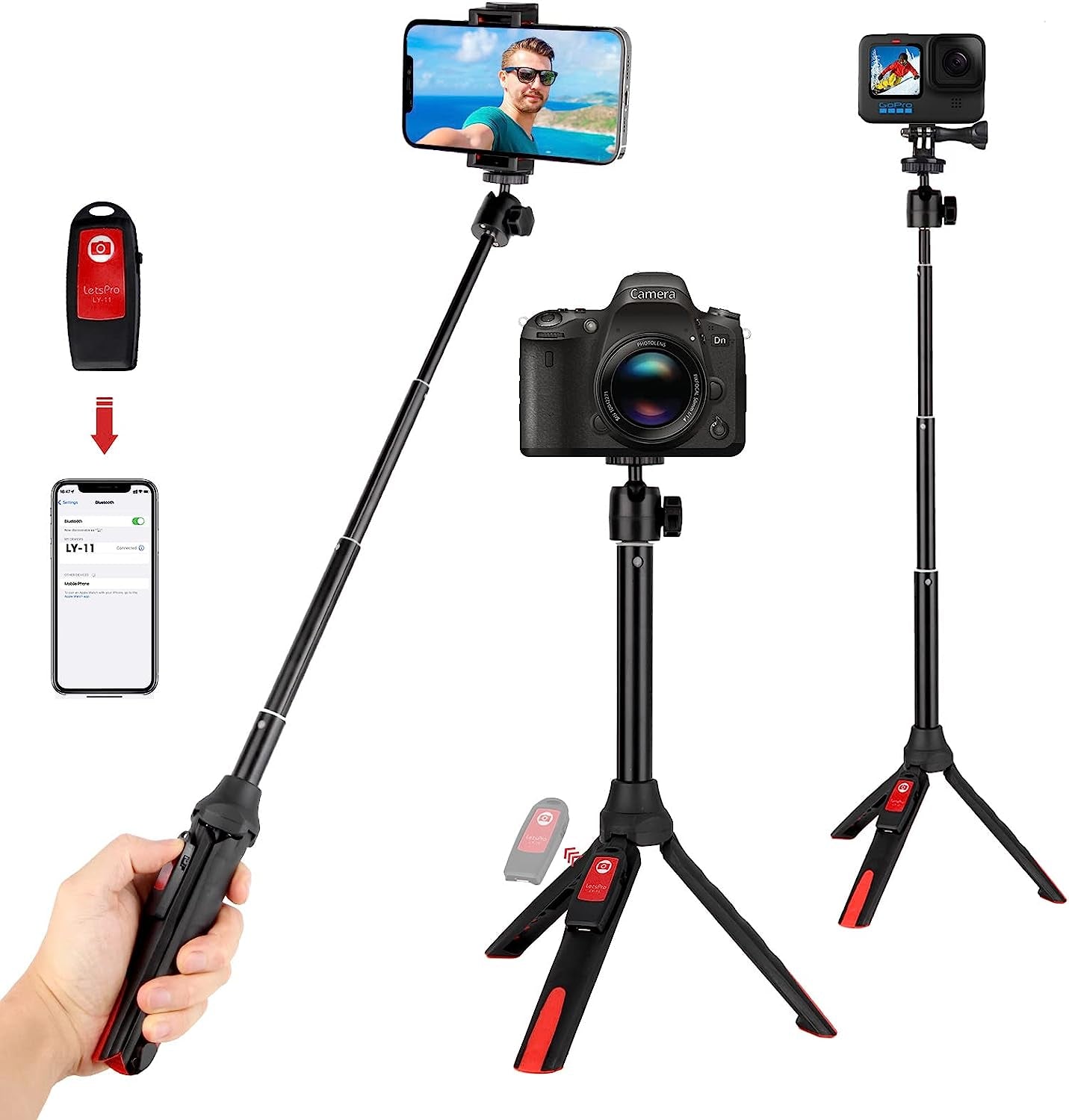 Extendable Aluminum Selfie Stick/Monopod, Compatible for Gopro Hero 10 9 8 7 6 5 4 3 2 Fusion Max, OSMO Action,Akaso, SJCAM Action Camera and Cell Phone Accessories  DADE FAC Black2  