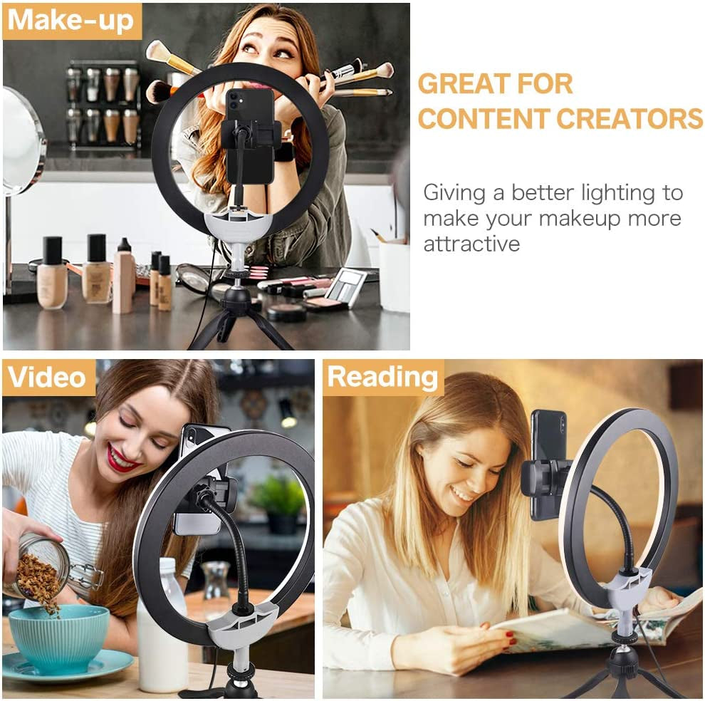 Ubeesize 10" LED Ring Light with Tripod Stand & Phone Holder, Dimmable Desk Makeup Ring Light, Perfect for Live Streaming, Youtube Videos, and Photography, 3 Light Modes and 11 Brightness Levels  UBeesize   