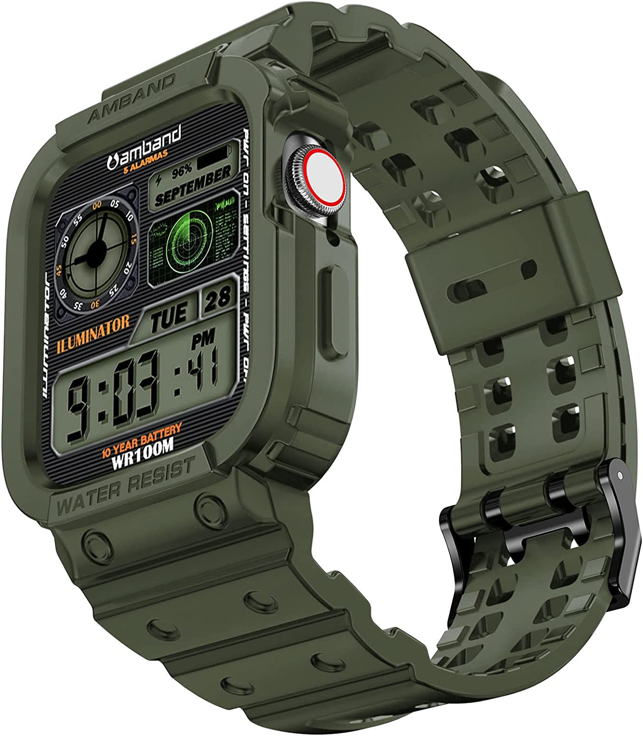 Amband Compatible for Apple Watch Band 45Mm 44Mm 42Mm with Bumper Case, Rugged Men Bands for Apple Watch SE and Iwatch Series 7 6 5 4 3 2 1, Sport Military Protective Cases Drop-Proof, Matte Black  amBand Green 42mm/44mm/45mm 