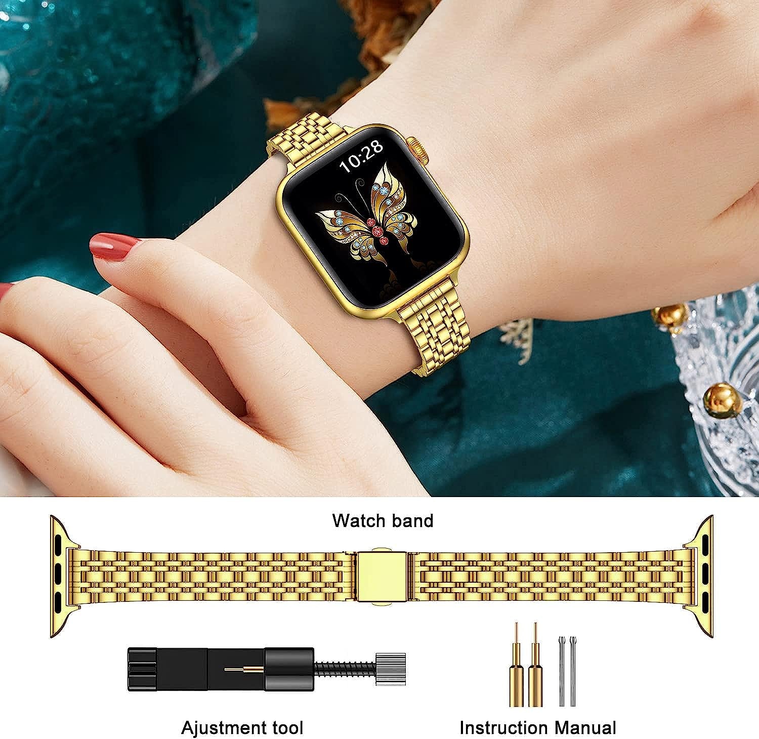 Miohhr Slim Metal Bands Compatible with Apple Watch Band Series 8/7(45Mm 41Mm),Series SE 6/5/4(40Mm 44Mm),Series 3/2 /1(38Mm 42Mm), Thin Stainless Steel Chain Strap for Women Iwatch Band  MioHHR   