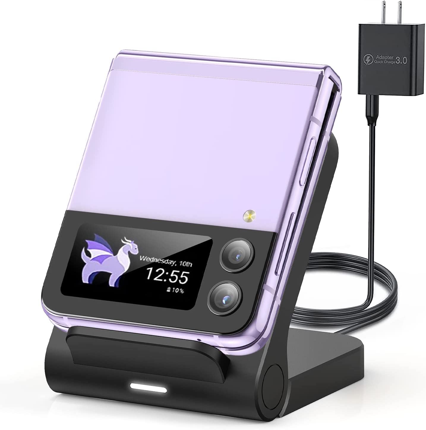 For Samsung Galaxy Z-Flip Wireless Charger: Galaxy Z Flip 4/3/5G Fast Charging Stand, 15W Fast Wireless Charger for Galaxy Z Flip4/Z Flip3/Z Flip 5G, Easy to Carry & Use (QC3.0 Adapter Included)Black  Geyo   