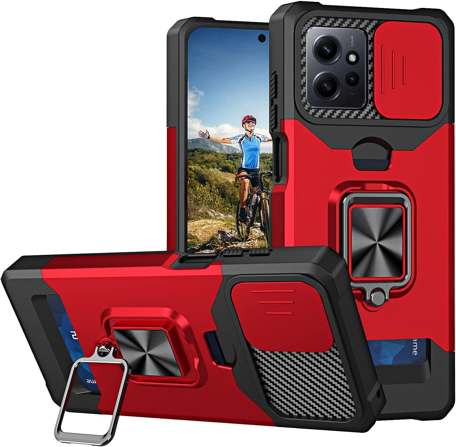 Ysnzaq for Xiaomi Redmi Note 12 4G Case with Card Holder and Sliding Camera (Not 5G), Military Grade Shockproof Protective Phone Cover for Xiaomi Redmi Note 12 4G YHZH Black  Ysnzaq Red  