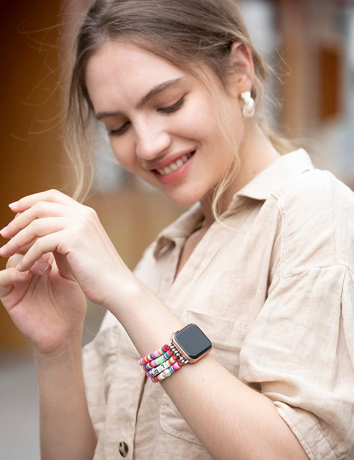 TOYOUTHS Heishi Beads Bracelet Compatible with Apple Watch Band Cute Stretch Girl Women Summer Beach Surfer Stackable Clay Preppy Jewelry Band for Iwatch 42/44/45Mm Series SE 7 6 5 4 3 2 1  TOYOUTHS   