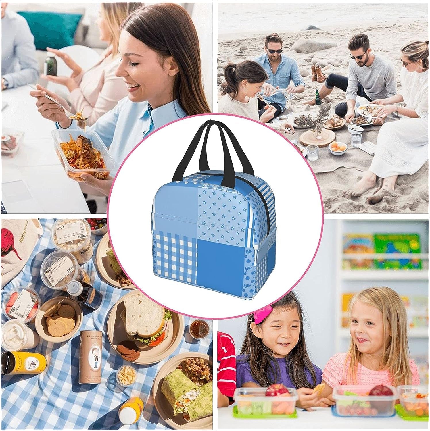Fashion Blue and White Patchwork Lunch Box Insulated Cooler Lunch Tote Bag Travel Picnic Durable Shopping Reusable Waterproof Bags for Women  carati   