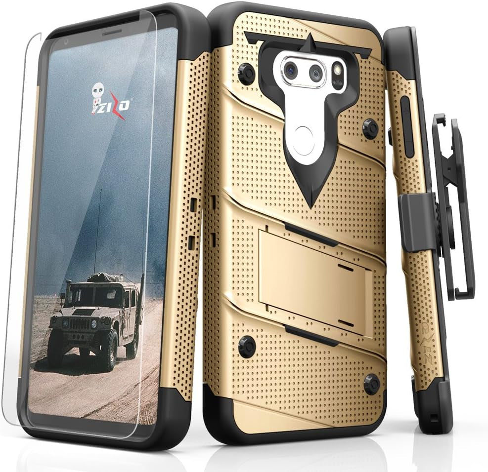 Zizo Bolt Series Compatible with LG V30 Case Military Grade Drop Tested with Tempered Glass Screen Protector, Holster LG V35 Thinq Case Gold Black  Zizo   