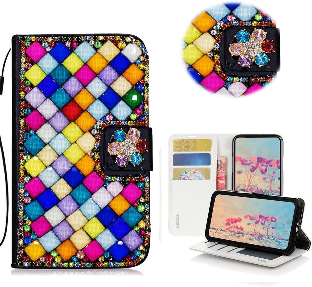 STENES LG G6 Case, LG G6 plus Case - STYLISH - 3D Handmade Bling Crystal Butterfly Rose Flowers Wallet Credit Card Slots Fold Stand Leather Cover Case for LG G6/LG G6 plus - Green  STENES Square Lattice Bowknot / Deep Multicolor  