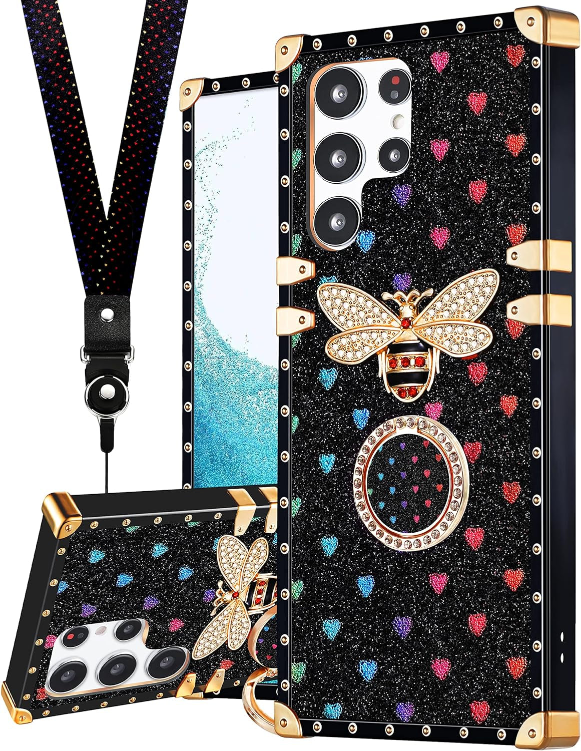 Loheckle for Samsung Galaxy S22 Ultra Case for Women Girls with Ring Stand Holder and Lanyard, Marble Camo Retro Luxury Glamour Cute Square Edges Phone Cover for S22 Ultra  JianKeJi 1-Bee-S22-Ultra  