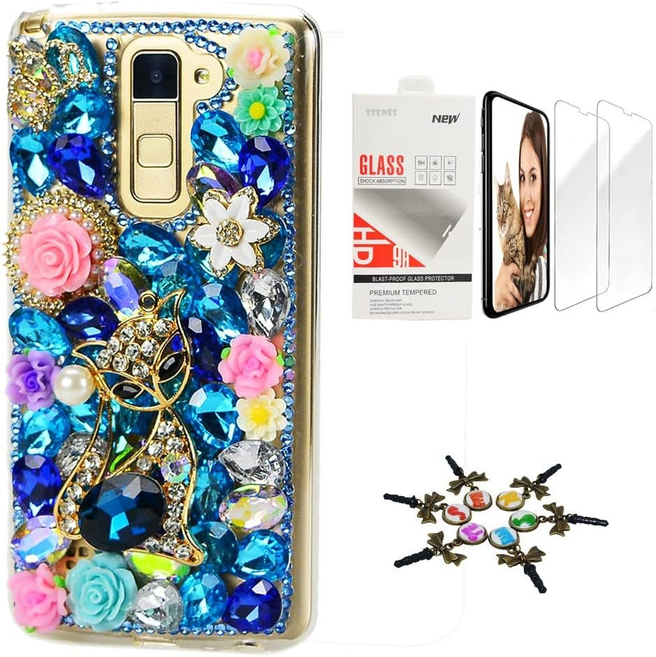STENES Bling Case Compatible with LG V40 Thinq - Stylish - 3D Handmade [Sparkle Series] Rhinestone Pretty Cat Crown Rose Flowers Design Cover with Screen Protector [2 Pack] - Blue  STENES   