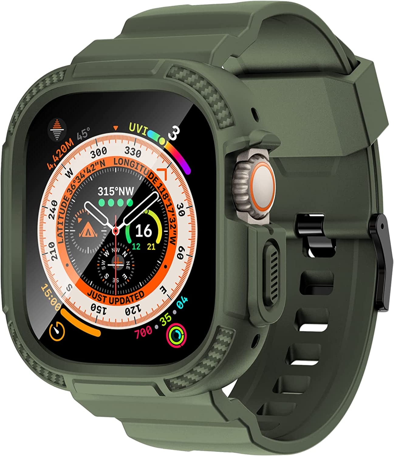 OROBAY Compatible with Apple Watch Band 45Mm 44Mm 42Mm with Case, Shockproof Rugged Band Strap for Iwatch SE SE2 Series 8/7/6/5/4/3/2/1 45Mm 44Mm 42Mm with Bumper Case Cover Men Women, Matte Black  OROBAY Green Ultra 49mm 