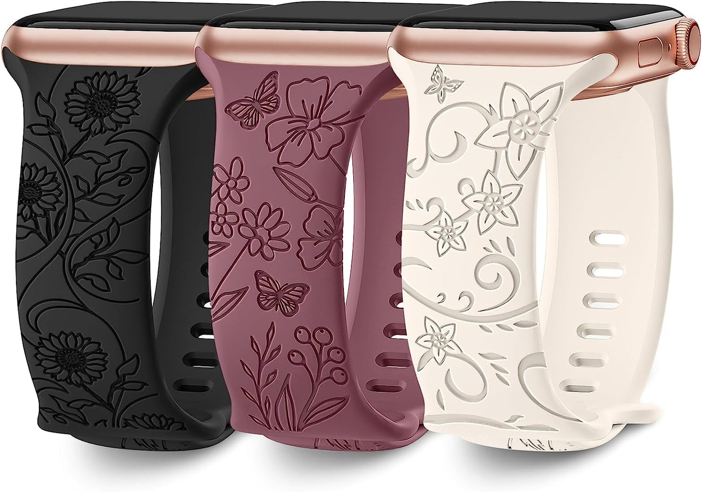 3 Pack Floral Engraved Bands Compatible with Apple Watch Band 40Mm 41Mm 38Mm 42Mm 44Mm 45Mm 49Mm Women,Soft Silicone Cute Wildflowers Sport Laser Strap for Iwatch Bands Series Ultra SE 8 6 5 4 3 2 1  AMSKY Violet Smoke/Black/Starlight 38/40/41 mm 