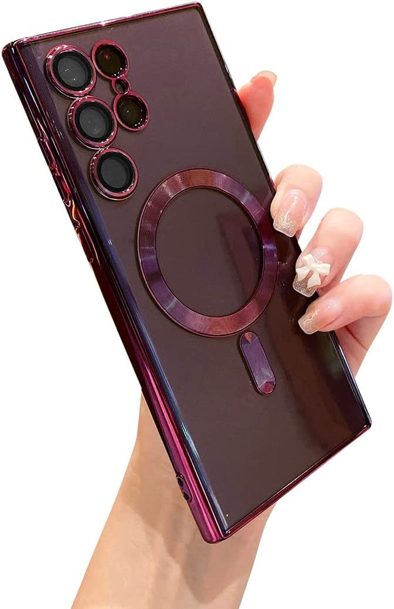 Threehundred for Samsung Galaxy S22 Ultra Case Magnetic Clear with Camera Lens Protector Full Protection Magsafe Electroplated Silicone Slim Fit Shockproof Protective Case Cover 6.8 Inch - Lavender  Threehundred Burgundy  