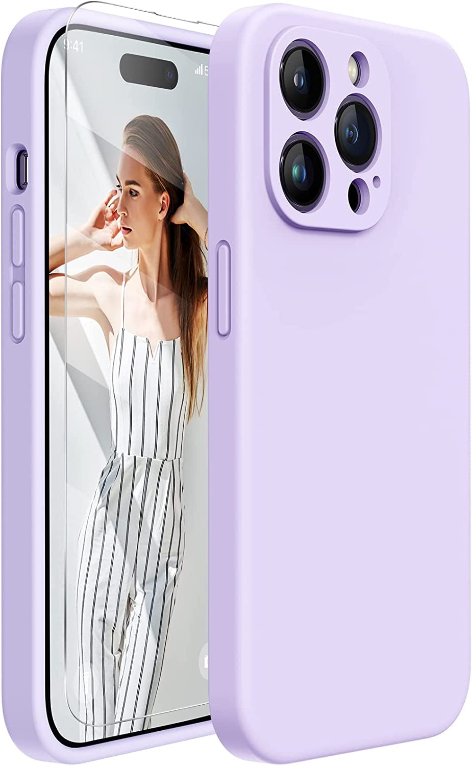 Miracase Designed for Iphone 14 Pro Case with Screen Protector, [Upgraded Camera Protection], Shockproof Liquid Silicone Rubber Phone Case Cover for 14 Pro 6.1 Inch (Alpine Green)  Miracase Light Purple  