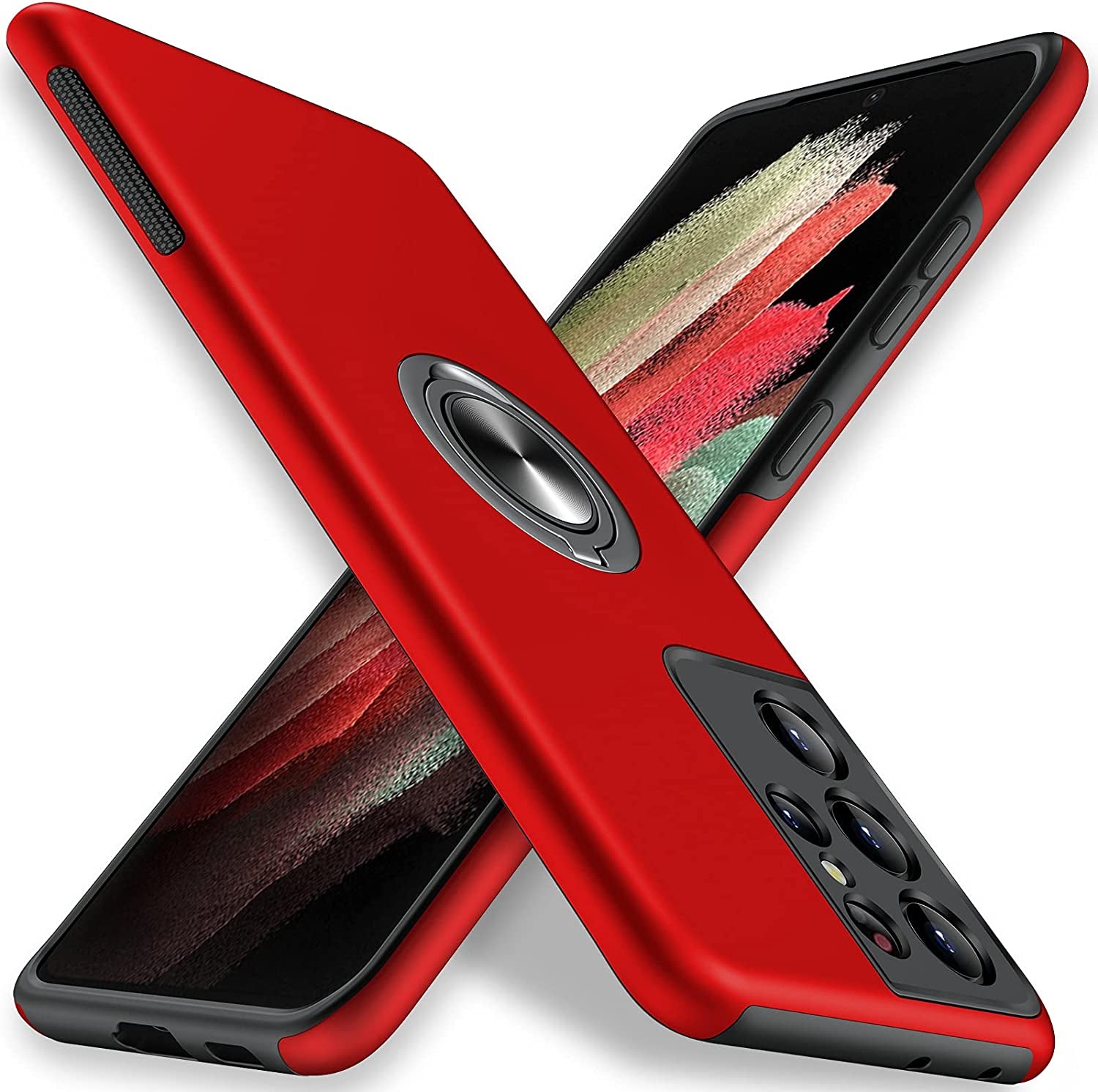 JAME for Samsung Galaxy S21 Ultra Case, [NOT for S21 or S21 Plus], Slim Soft Bumper Protective Case for Samsung S21 Ultra Case, with Invisible Ring Holder Kickstand for Galaxy S21 Ultra Case, Black  XJXIN Red  