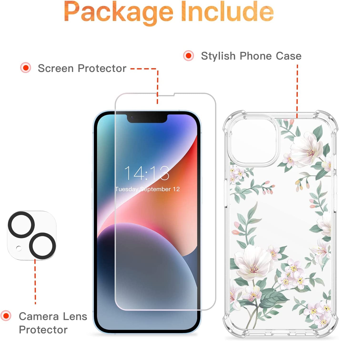 GVIEWIN Compatible with Iphone 14 Case with Screen Protector + Camera Lens Protector, Soft Shockproof Clear Floral Phone Protective Cover for Women, Flower Pattern Design 6.1" (Magnolia/White)  GVIEWIN   