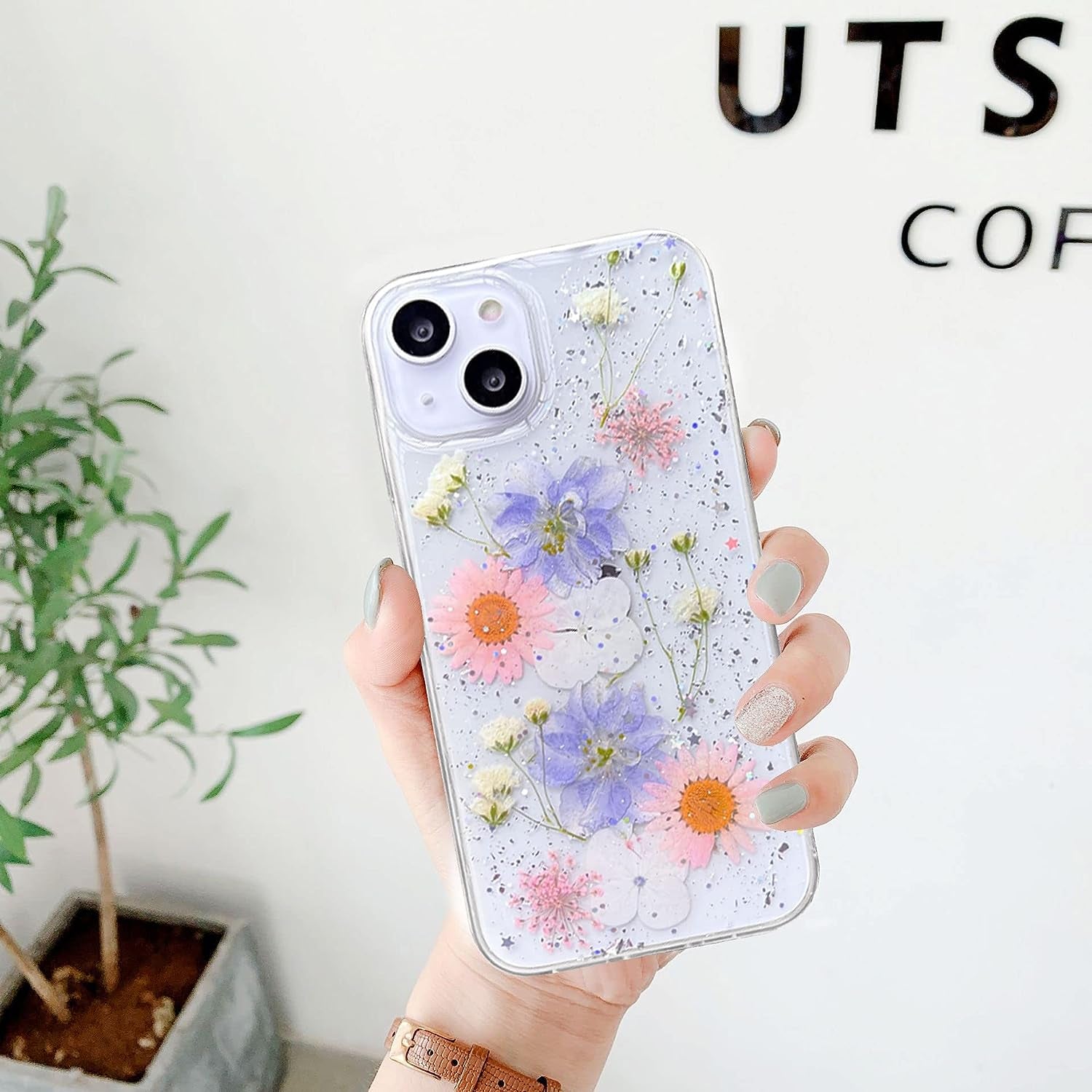 Abbery Designed for Iphone 13 Pressed Flower Case, Cute Clear with Design Soft Silicone Rubber Dried Real Flowers Floral Aesthetic Case for Iphone 13 6.1 Inch (Glitter Blue)  Abbery   