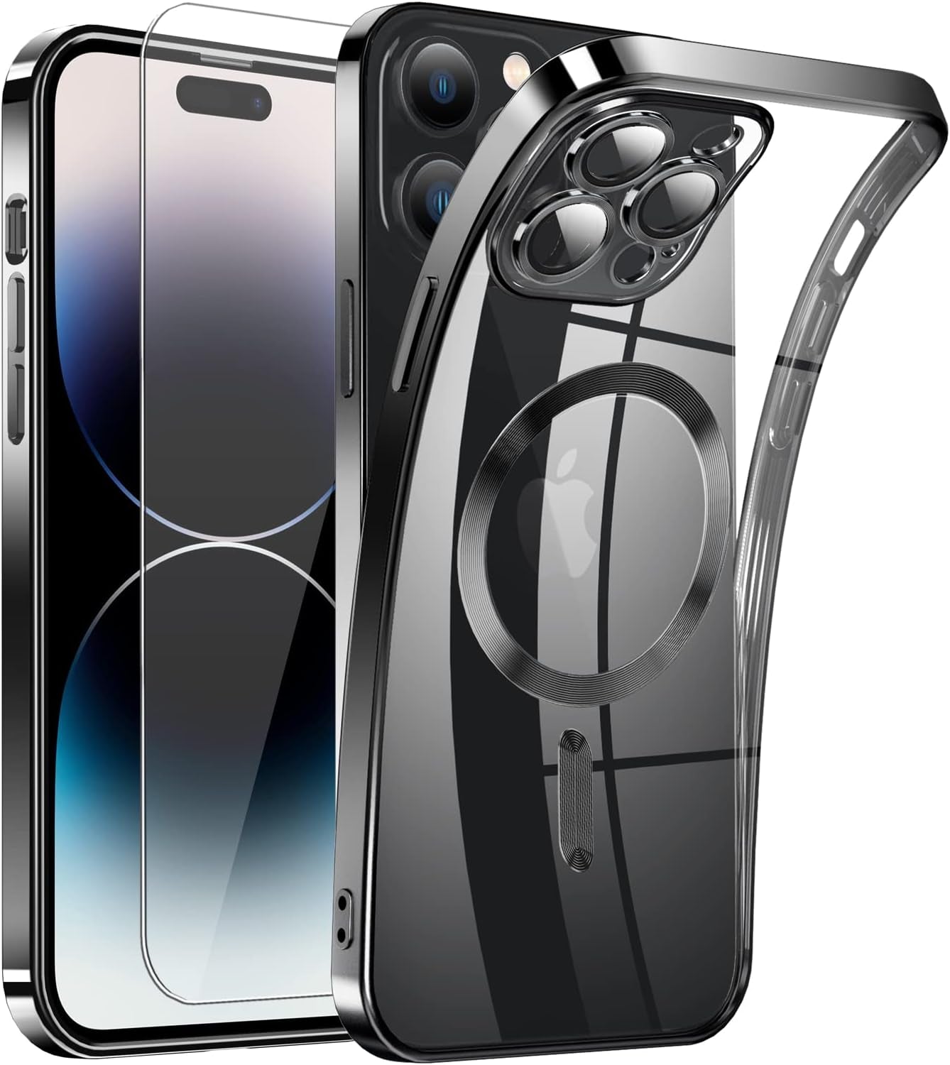 Magnetic Clear for Iphone 14 Pro Max Case with Magsafe [Integrated Camera Glass] Women Phone Case [Original Iphone Exterior] Silicone Cover Slim Thin [Non-Yellowing] Anti-Fingerprint Scratch Men  DOSNTO C-Black Iphone 14 Pro 6.1 Inch 