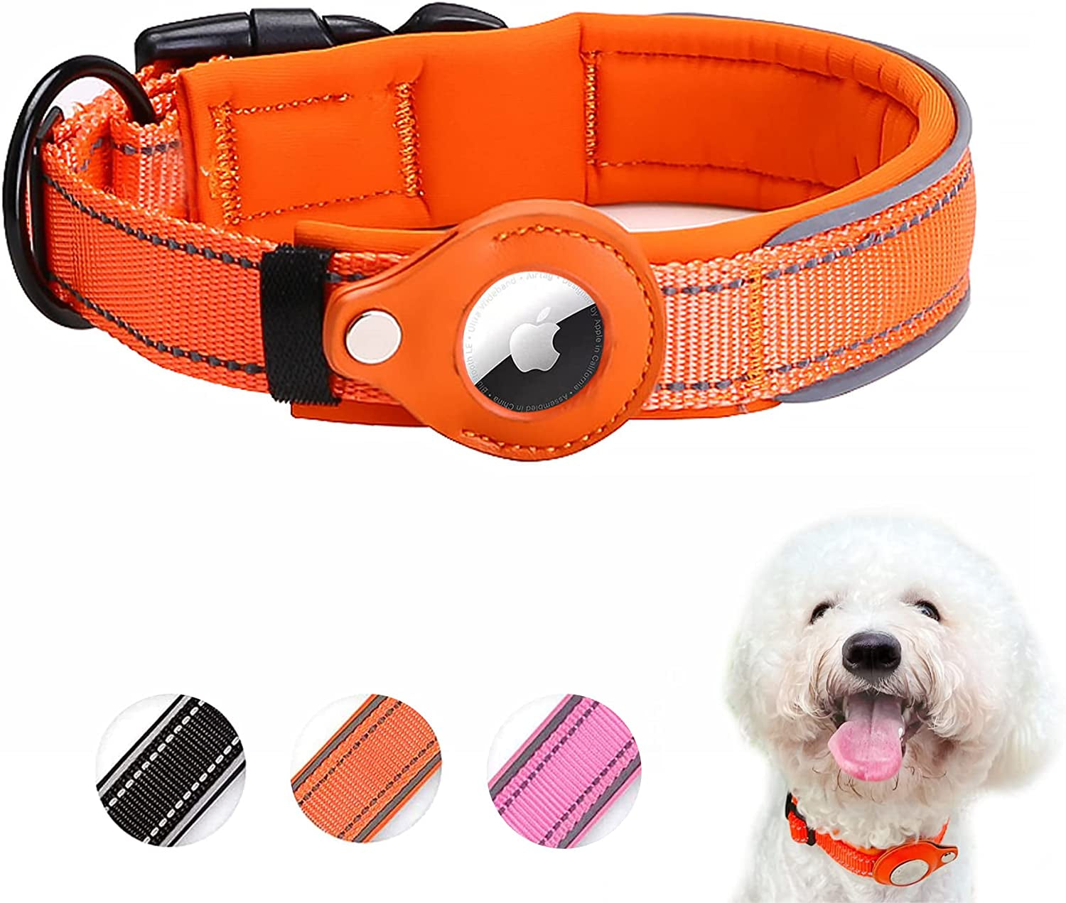 Dog Tracking Collar for Apple Airtag- Reflective Pet Collar with Airtag Holder Case, Adjustable, Durable, Stylish, Padded, Heavy-Duty Dog Collars L, Black  ELLOY Orange S 