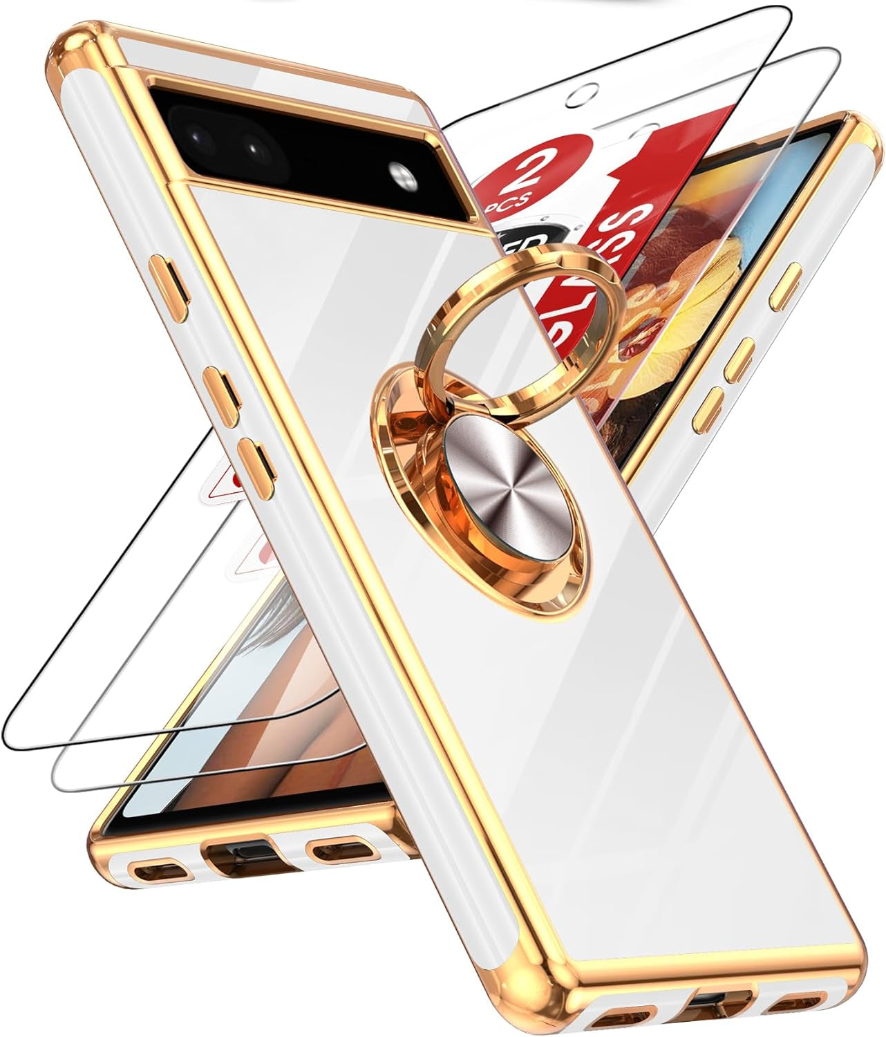 Leyi for Pixel 6A Case: with Tempered Glass Screen Protector [2 Pack] 360° Rotatable Ring Holder Magnetic Kickstand, Plating Rose Gold Edge Protective Google Pixel 6A Case, Pink  LeYi White Google Pixel 6A 
