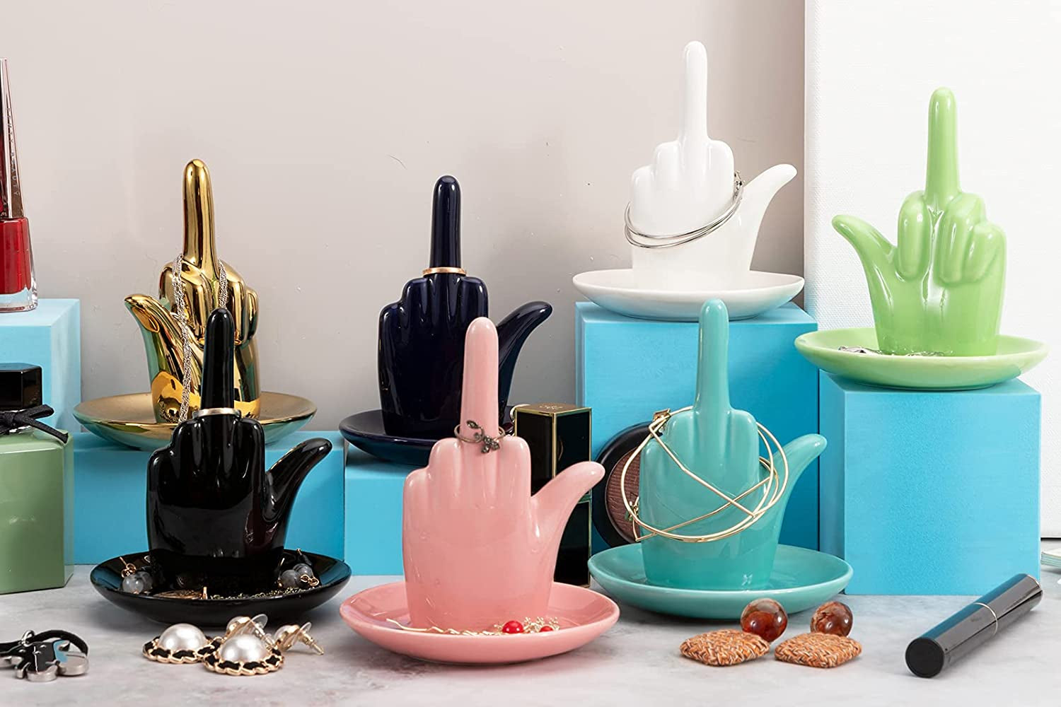 Stephanie Imports White Ceramic Middle Finger Jewelry Ring Dish Tray  Stephanie Imports   