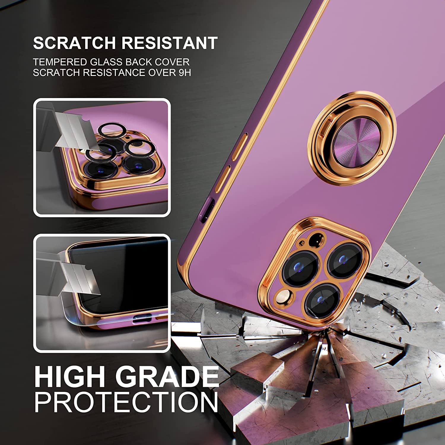 Choiche for Iphone 14 Pro Max Case with 360° Rotatable Ring Stand, Women Luxury Bling Plating Soft Silicone Case, [3 X Camera Lens Protectors] [2 X Tempered Glass Screen Protectors] (Lavender)  Choiche   