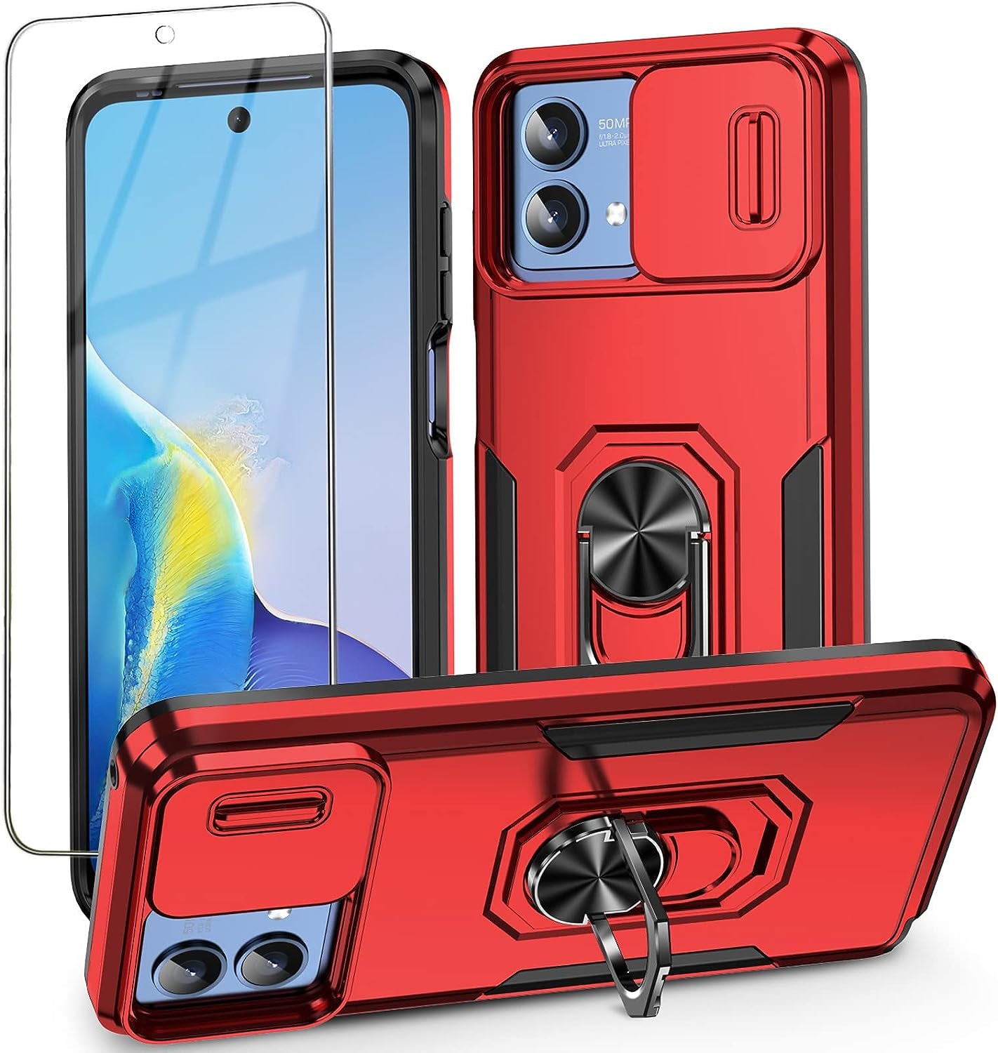For Motorola Moto G Stylus 5G 2023 Case with Slide Camera Cover + Tempered Glass Screen Protector,[Full Camera Protection] [Ring Kickstand] Military Grade Shockproof Full Body Protective Cover-Orange  Mocotto Red  