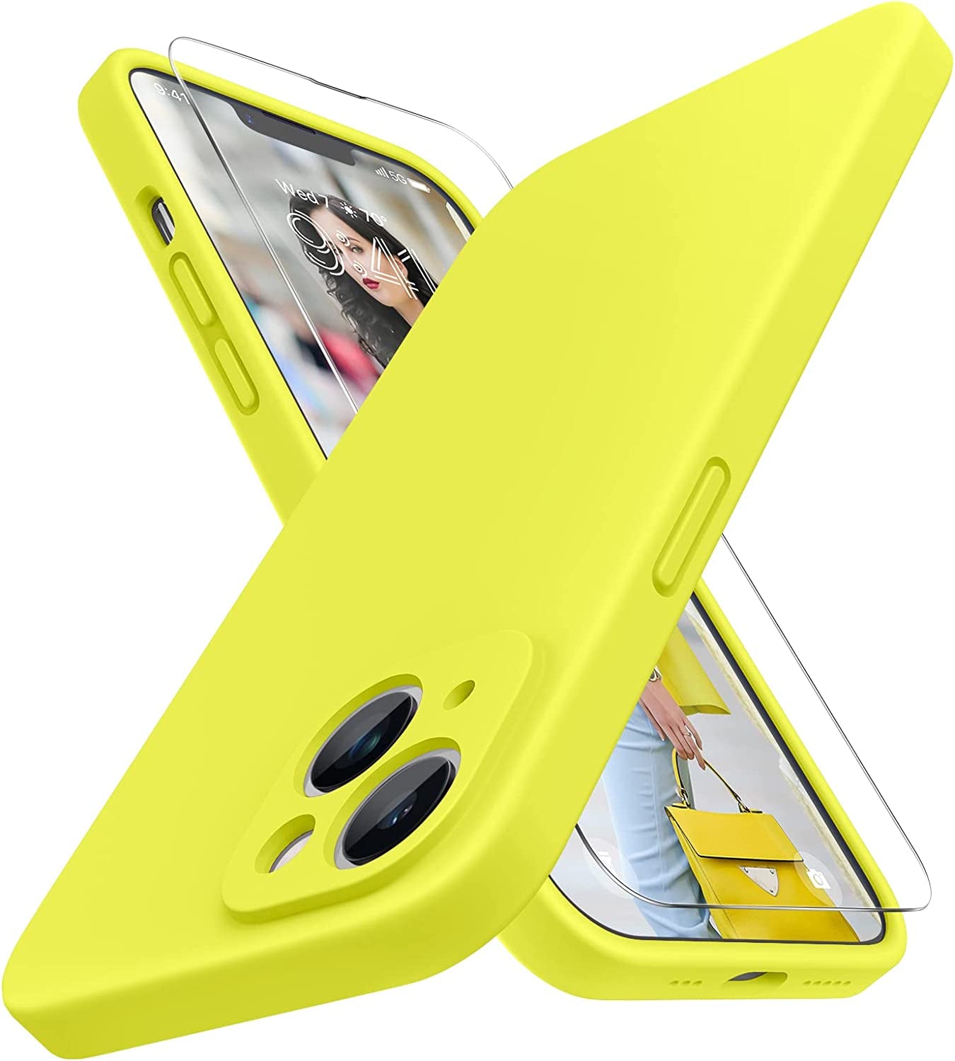 Miracase Designed for Iphone 14 Case with Screen Protector,[Upgraded Enhanced Camera Protection],Shockproof Liquid Silicone Case with Microfiber Lining, 6.1 Inch,Black  Miracase Fluorescent Yellow  