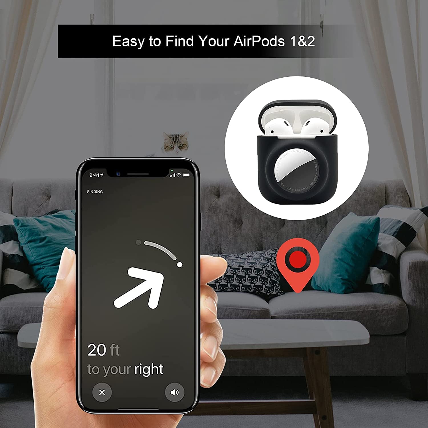 2 in 1 Silicone Protective Skin Cover Compatible with Airpod 1&2 and Airtag, Soft Comprehensive Protective Case with 2 PCS TPU Screen Protector, Anti-Scratch Anti-Fall Anti-Lost(Black)  Enspito   