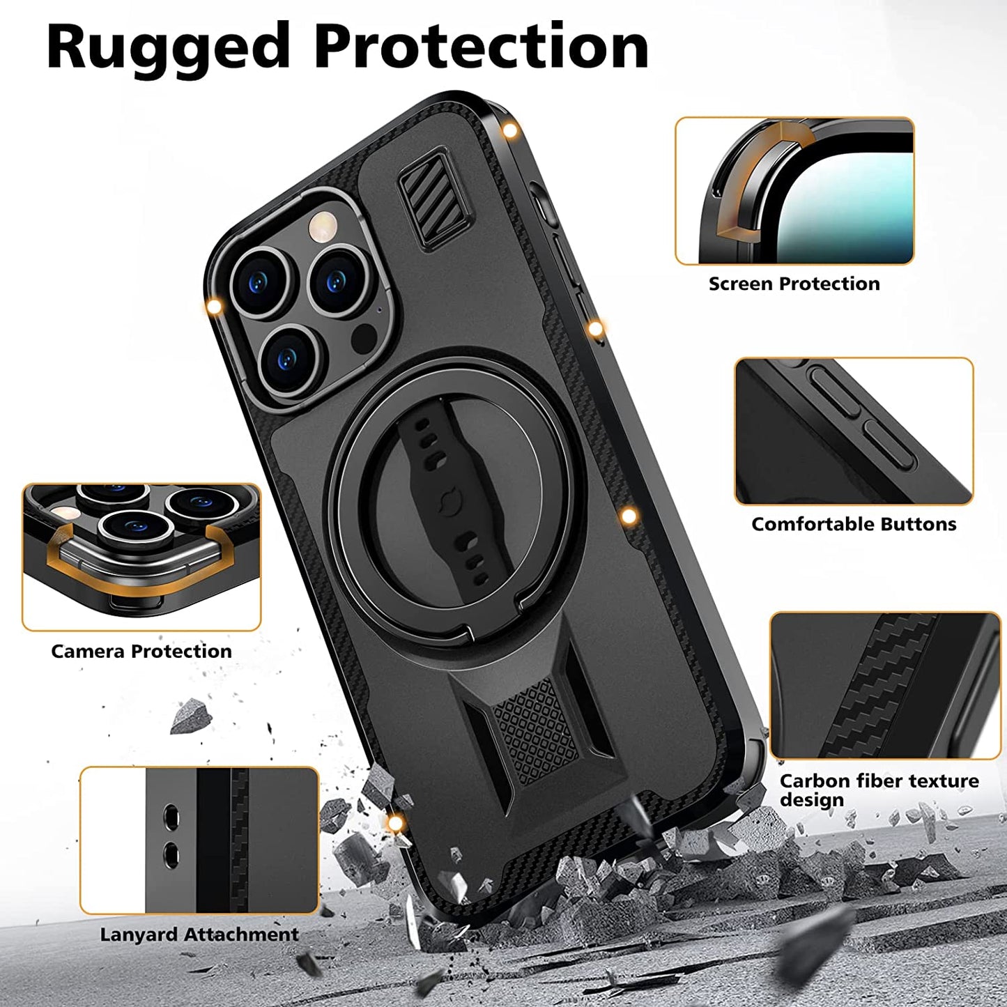 EWA Magone Case Designed for Iphone 14 Pro Max Case Compatible with Magsafe with Ring Stand, Strap Grip, Dual Magnet Stick to Metal, Rugged Shockproof Protective (Black)  EWA   