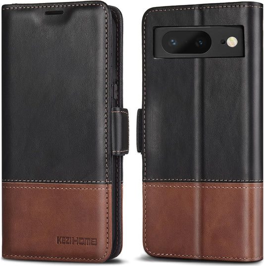 Kezihome Case for Google Pixel 8, Genuine Leather [RFID Blocking] Wallet Case with Card Holder Kickstand Flip Heavy Duty Protective Phone Cover for Google Pixel 8 5G (Black/Brown)  KEZiHOME   